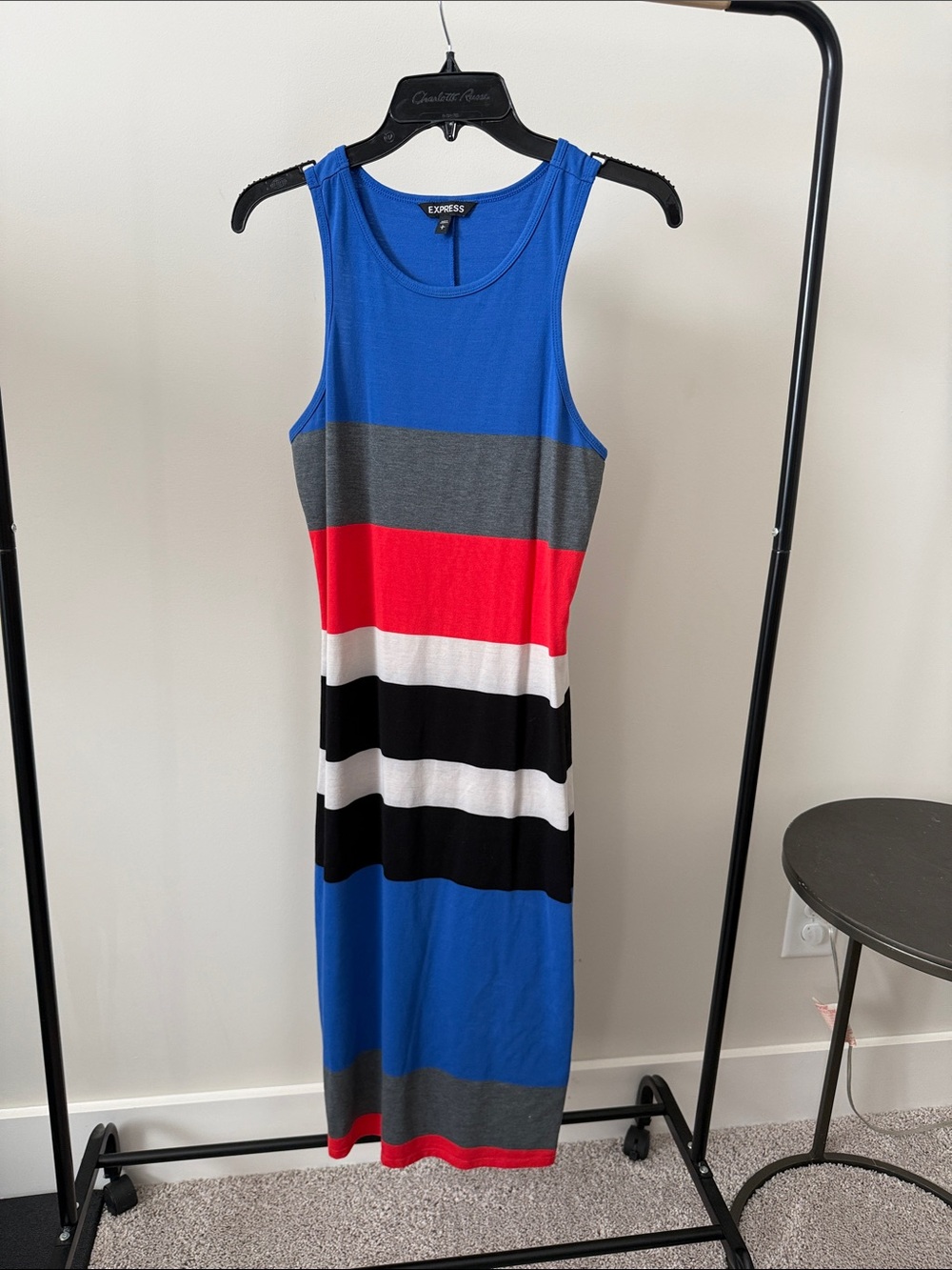 Express Sleeveless Striped Midi Dress in Blue, Red, Gray, Black & White